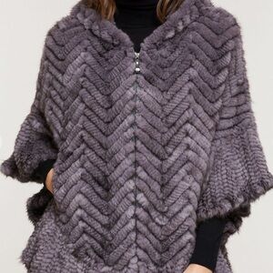 Bettina Hooded Zip-Front Herringbone Knitted Mink Fur Poncho
